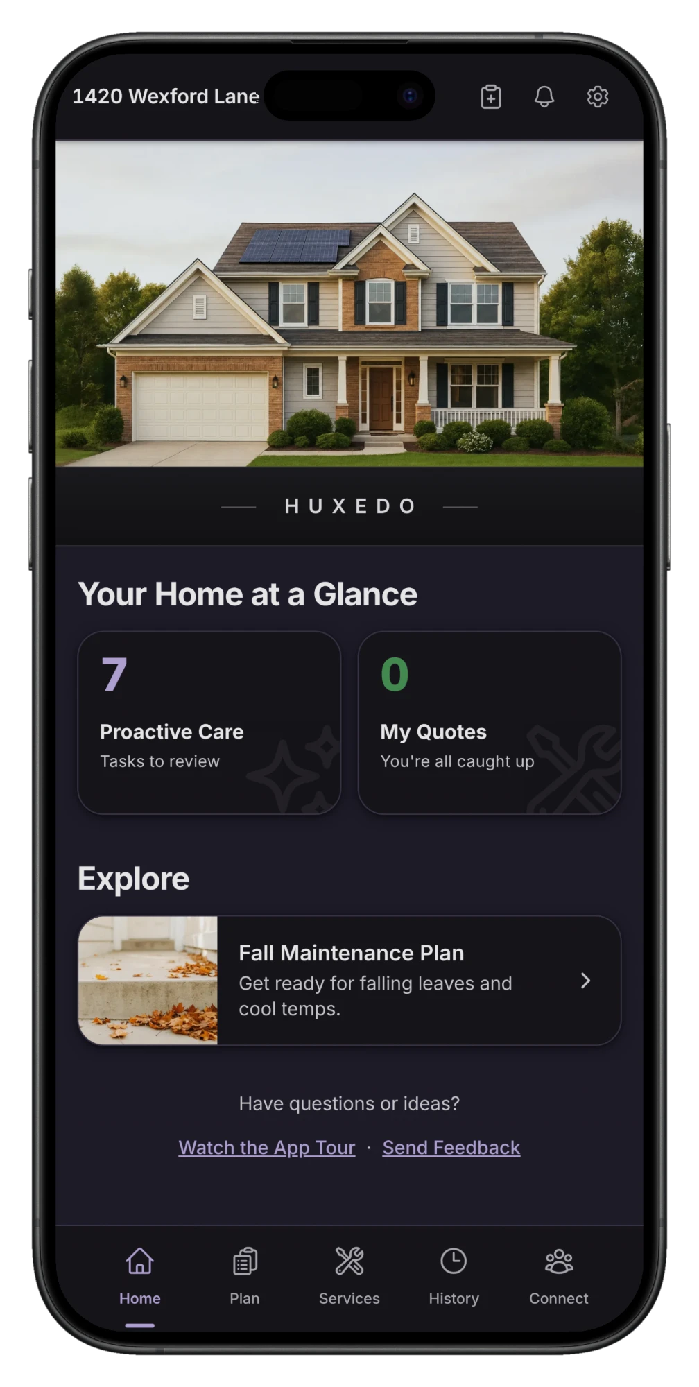 The Huxedo app home screen showing your home at a glance